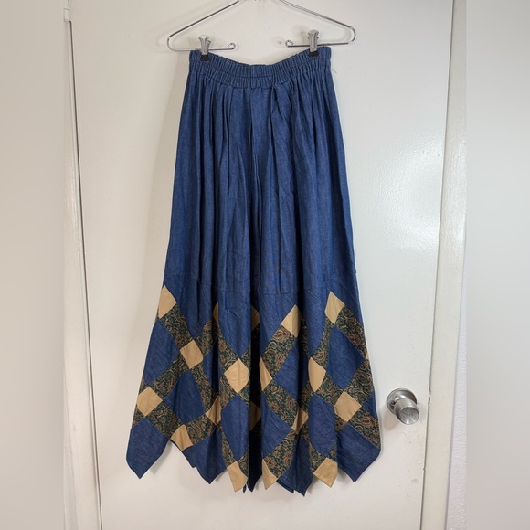 Vintage Dresses & Skirts - Vintage Chambray denim, paisley patchwork, elastic waistband maxi skirt S/M